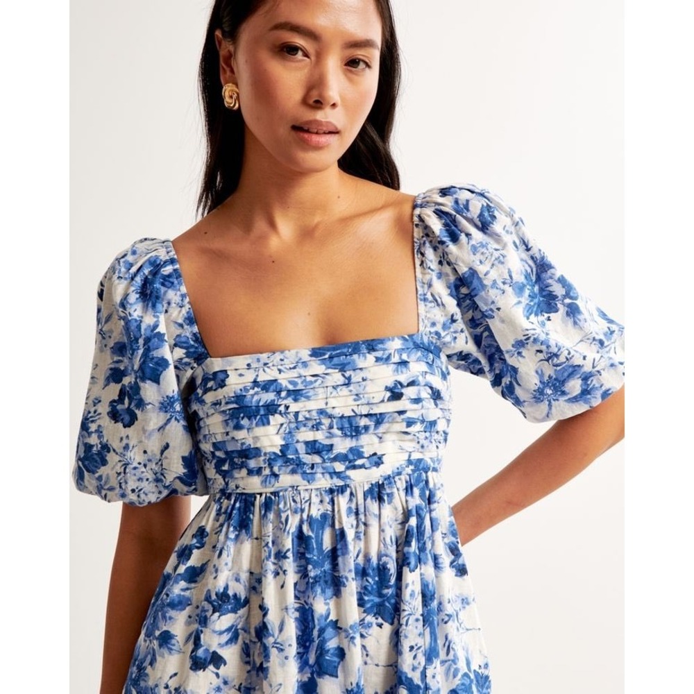 Abercrombie & Fitch Blue Floral Linen Blend Puff Sleeve Pleated Mini Dress M